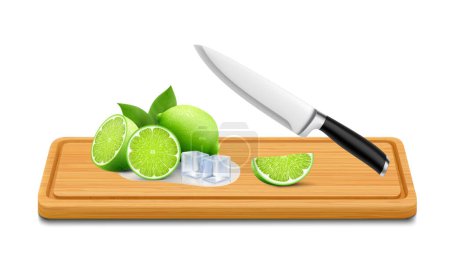 Photo for Whole and sliced lime on rectangular cutting board, isolated on white background. The green sliced juicy lime on wooden beech cutting board with knife. Realistic 3d vector illustration - Royalty Free Image