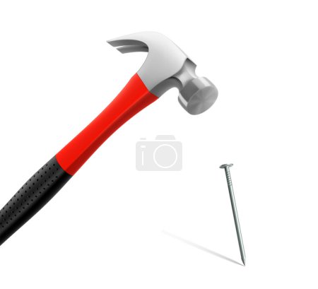 Carpenter hammer driving a nail, isolated on white background. Fitter's hammer for chiselling and driving in nails and dowels as well as for joining components. Realistic 3d vector illustration