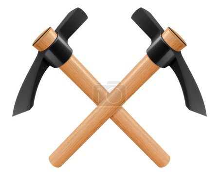 Crossed pickaxe hammers isolated on white background. Hand percussion tool for master stonemasons, builders, sculptors for processing various types of stone. Realistic 3D vector illustration