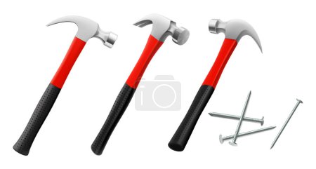 Carpenter's hammers with nails, isolated on white background. Fitter's or locksmith's hammer in different angles. Isometric illustration. Realistic 3d vector design