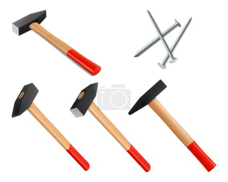 Photo for Locksmith's hammers with nails isolated on white background. Fitter's hammers in different angles for driving in nails and dowels as well as for joining components. Realistic 3d vector illustration - Royalty Free Image