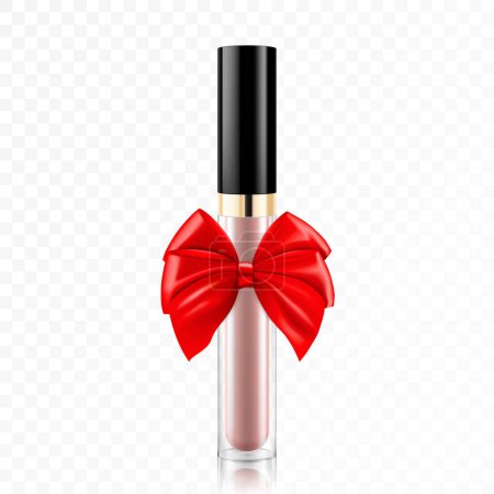 Illustration for Liquid lipstick or lip gloss with a red ribbon and bow, isolated. 3D realistic mockup. Present, Gift, Surprise concept. Cosmetics vector template. Use for advertising, banner, package design. - Royalty Free Image
