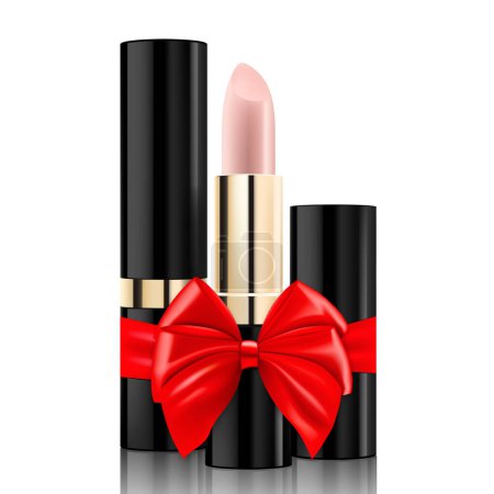 Illustration for Lipstick with a red ribbon and bow, isolated on white background. 3D realistic mockup. Present, Gift, Surprise concept. Cosmetics vector template. Use for advertising flyer, banner, package design. - Royalty Free Image