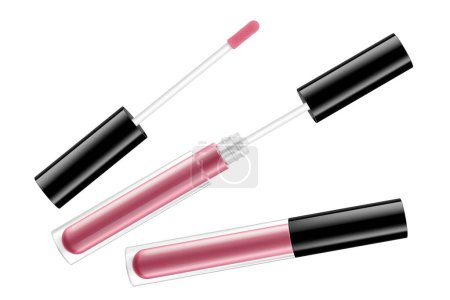 Illustration for Lip gloss tube template. Lip cream plastic transparent 3d realistic vector packaging, opened and closed with black cap isolated on white background. Lipstick color swatch set. - Royalty Free Image