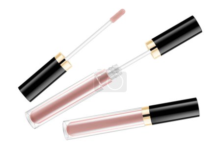 Illustration for Lip gloss tube template. Lip cream plastic transparent 3d realistic vector packaging, opened and closed with black cap isolated on white background. Lipstick color swatch set. - Royalty Free Image