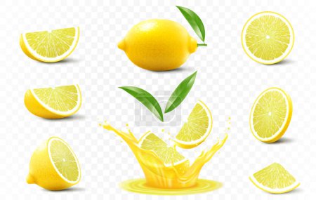 Illustration for Set of ripe lemon. A whole , half and slices of lemon fall into fresh juice. Realistic 3d vector illustration, Isolated on transparent background. - Royalty Free Image