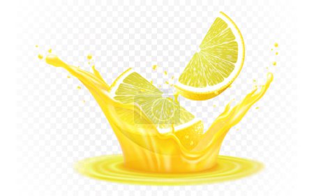 Illustration for Fresh ripe lemon in a splash of juice, isolated on transparent background. Lemon slices fall into fresh juice, realistic 3d vector illustration. Citrus liquid, symbol of summer tropical vacation. - Royalty Free Image