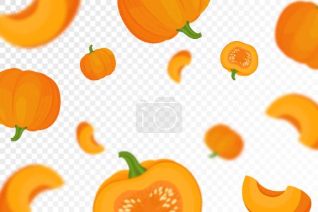 Illustration for Background of orange autumn pumpkins with defocused blur effect for Harvest festival or Thanksgiving day. Pumpkins of different size on transparent background. Vector flat design - Royalty Free Image