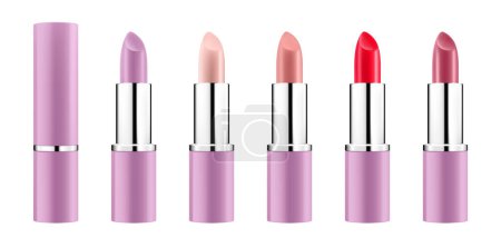 Illustration for Set of colored lipsticks. Red, pink, orange, nude lipstick mockup. 3d realistic packaging. Decorative cosmetic for lip. Blank template of containers. Vector illustration isolated on white - Royalty Free Image