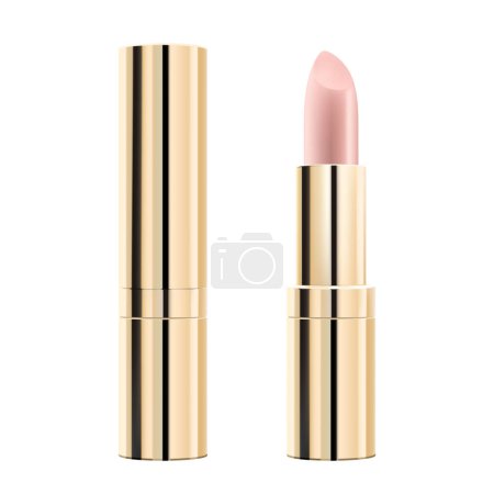 Illustration for Golden lipstick tube template, vector mockup. 3d realistic packaging, opened and closed with cap. Decorative cosmetic product for beautiful lip. Vector illustration isolated on white - Royalty Free Image