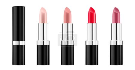 Illustration for Set of colored lipsticks. Red, pink, orange, nude lipstick mockup. 3d realistic packaging. Decorative cosmetic for lip. Blank template of containers. Vector illustration isolated on white - Royalty Free Image