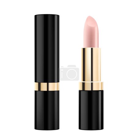 Illustration for Lipstick black tube template, Realistic mockup for decorative female cosmetics. 3d realistic packaging, opened and closed with cap. Vector illustration isolated on white - Royalty Free Image