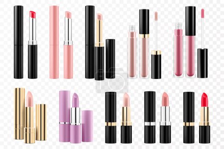 Illustration for Set of lipsticks , lip balms and glosses mockup, isolated on white background. Lipsticks in trendy shades for your design, 3d realistic vector packaging illustration. Blank template of containers. - Royalty Free Image