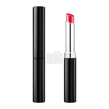 Illustration for Red Lipstick tube template, Realistic mockup for decorative female cosmetics. 3d realistic packaging, opened and closed with cap. Vector illustration isolated on white background - Royalty Free Image