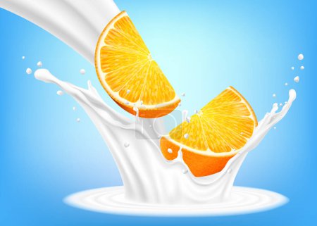 Téléchargez les illustrations : Fruit orange dans le lait ou yaourt éclaboussure. Des tranches d'orange fraîche tombent dans le lait. Un élément pour votre design d'emballage. Vecteur 3d réaliste - en licence libre de droit