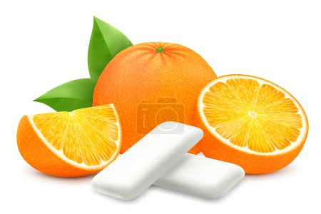 Illustration for Orange chewing gum. Bubble gum with orange citrus flavor. Chewing pads with fresh ripe orange, oral health product, realistic advertising poster. Isolated 3d vector illustration - Royalty Free Image
