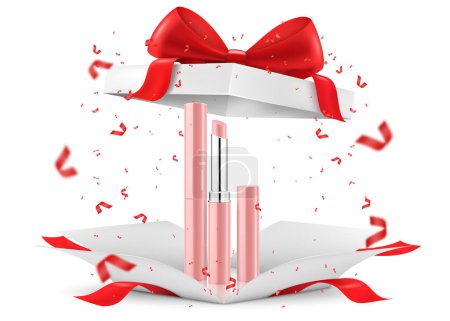 Illustration for Colored Lipsticks, lip glosses inside open gift box, isolated on white background. White gift box with cosmetic items. Present, Gift, Surprise concept. 3D rendering Realistic vector illustration - Royalty Free Image