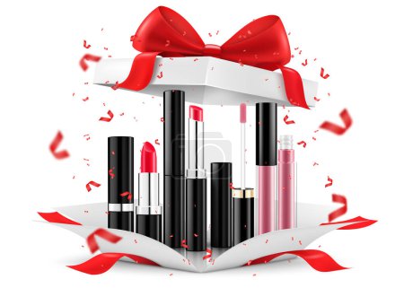 Illustration for Colored Lipsticks, lip glosses inside open gift box, isolated on white background. White gift box with cosmetic items. Present, Gift, Surprise concept. 3D rendering Realistic vector illustration - Royalty Free Image