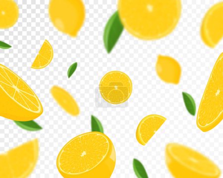 Illustration for Lemon citrus background. Flying Lemon with green leaf on transparent background. Lemon falling from different angles. Focused and blurry objects. Flat cartoon vector. - Royalty Free Image