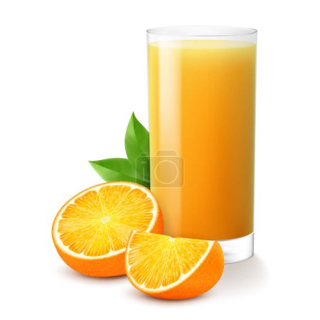 Illustration for Glass of fresh orange juice. Juicy citrus with leaves, isolated on white background. Smoothies of orange. Realistic 3d vector illustration for advertising your products - Royalty Free Image