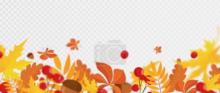 Illustration for Falling colorful autumn maple and oak leaves, viburnum and acorns with defocused blur effect. Autumn background with leaf fall for your design. vector illustration. Flat design - Royalty Free Image