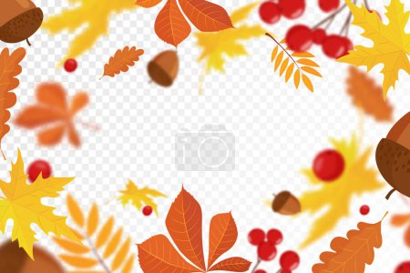 Illustration for Falling colorful autumn maple and oak leaves, viburnum and acorns with defocused blur effect. Autumn background with leaf fall for your design. vector illustration. Flat design - Royalty Free Image