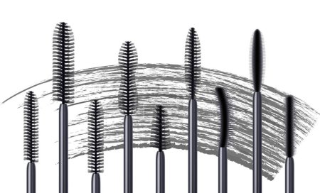 Illustration for Set of eyelash brush a mascara tube and black brush stroke. Mascara fashion banner, template for advertising or magazine page, cosmetic object, beauty concept. Realistic 3d vector, isolated on white. - Royalty Free Image
