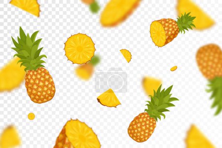 Téléchargez les illustrations : Ananas volants, fond sans couture avec des ananas entiers et tranchés. Ananas tombants à effet flou, illustration vectorielle 3D réaliste, isolé sur fond transparent - en licence libre de droit