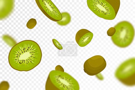 Illustration for Kiwi background. Flying whole and half of kiwi fruit, seamless pattern with defocused blur effect. Can be used for wallpaper, banner, poster, print, fabric, wrapping paper. Vector flat design - Royalty Free Image