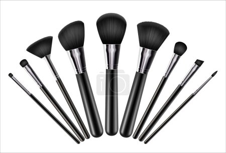 Illustration for Professional facial makeup brushes. Cosmetic tools collection. Various fashion and beauty brushes for applying blush, Eye Shadow, concealer, powder. Realistic 3d vector. - Royalty Free Image