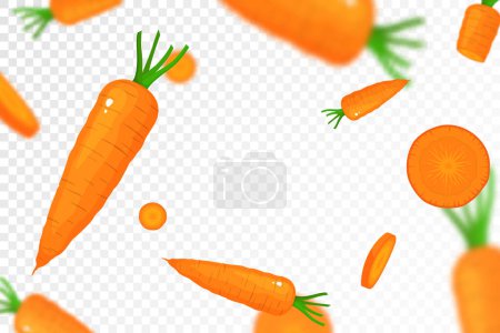 Illustration for Falling carrots isolated on transparent background. Flying whole and sliced vegetable with blurry effect. Can be used for advertising, packaging, banner, poster, print. vector flat design - Royalty Free Image