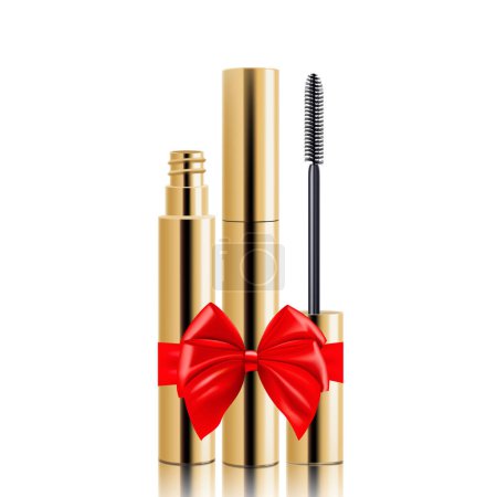 Illustration for Mascara with a red ribbon and bow, isolated on white background. 3D realistic mockup. Present, Gift, Surprise concept. Cosmetics vector template. Use for advertising, banner, package design. - Royalty Free Image