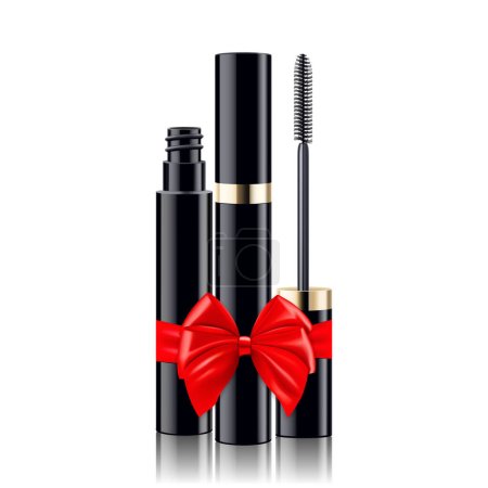 Illustration for Mascara tube and eyelash brush with a red ribbon and bow, isolated on white background. 3D realistic mockup. Present, Gift, Surprise concept. Cosmetics vector template. Use for advertising flyer - Royalty Free Image