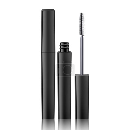 Illustration for Mascara tube and a wand applicator. Cosmetic black bottle with eyelash brush. Isolated on white background. Realistic vector for web design, banners, posters, ad, advertising. - Royalty Free Image