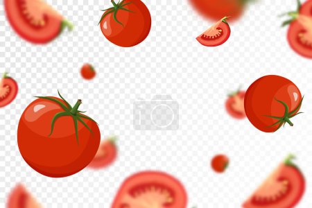 Ilustración de Fondo de tomate. La caída de tomates maduros frescos desde diferentes ángulos. aislado sobre fondo transparente. Volando desenfocando tomate rojo. Aplicable para ketchup, publicidad de zumos. Vector plano. - Imagen libre de derechos
