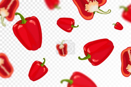 Téléchargez les illustrations : Bell pepper background. Flying or falling sweet pepper isolated on transparent background. Can be used for advertising, packaging, banner, poster, print. Flat design. Vector illustration - en licence libre de droit