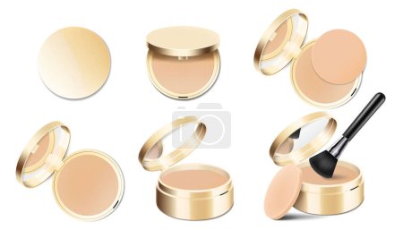 Illustration for Set of face cosmetic makeup powder in gold round plastic case with mirror, with powder brush and sponge. Realistic 3d vector illustration, Isolated on White Background - Royalty Free Image