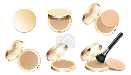 Illustration for Set of face cosmetic makeup powder in gold round plastic case with mirror, with powder brush and sponge. Realistic 3d vector illustration, Isolated on White Background - Royalty Free Image