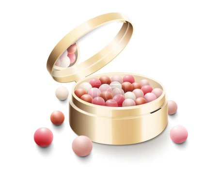 Illustration for Blusher balls, powder balls in round gold case with mirror, colorful blush balloons, realistic 3d vector illustration, isolated on white background. Decorative cosmetics for beauty. - Royalty Free Image