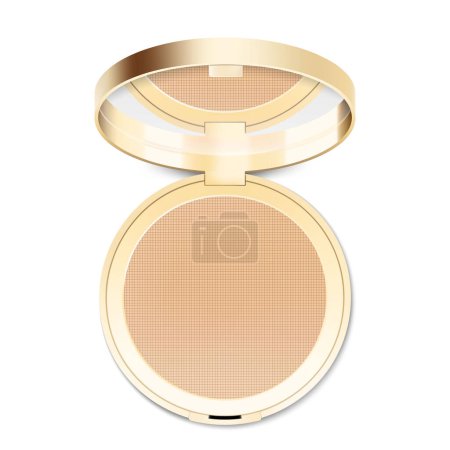 Illustration for Compact powder in round gold case with mirror. Cushion face foundation case. 3d vector realistic cosmetics isolated on white background. Mockup for branding and ads. Top view on opened plastic box. - Royalty Free Image
