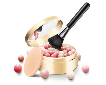 Illustration for Blush balls with brush and sponge in round gold case with mirror, colorful powder balloons, realistic 3d vector illustration, isolated on white background. Cosmetics for beauty. - Royalty Free Image