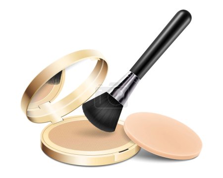 Ilustración de Compact powder with brush applicator and sponge. Round gold case with mirror. Cushion face foundation case. 3d vector realistic cosmetics isolated on white background. Mockup for branding and ads. - Imagen libre de derechos