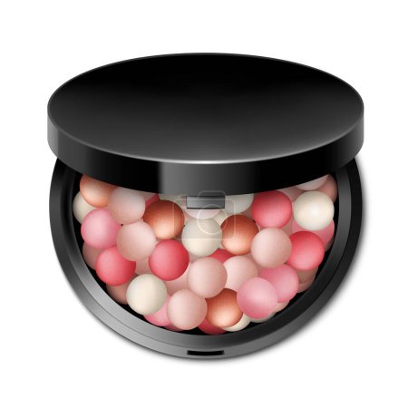 Illustration for Blush balls, powder balls in round black case with mirror, colorful blush balloons, realistic 3d vector illustration, isolated on white background. Decorative cosmetics for beauty. - Royalty Free Image