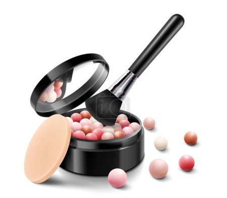 Illustration for Blush balls with brush and sponge in round black case with mirror, colorful powder balloons, realistic 3d vector illustration, isolated on white background. Cosmetics for beauty. - Royalty Free Image