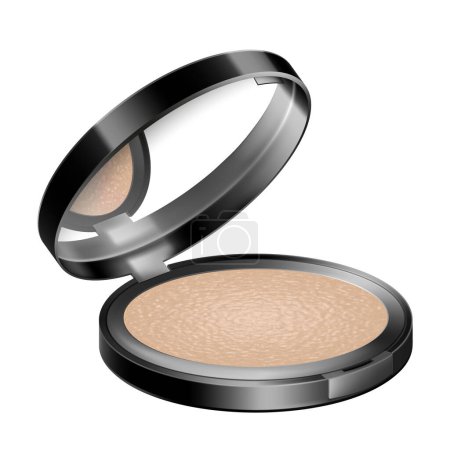 Illustration for Face compact makeup powder. Realistic cosmetic glow baked powder in the black round plastic case with mirror. Isolated on white background. Side view. Vector 3d - Royalty Free Image