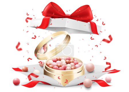 Illustration for Blush balls, powder balls in round case inside open gift box, isolated on white background. White gift box with cosmetic. Present, Gift, Surprise concept. 3D realistic vector illustration - Royalty Free Image