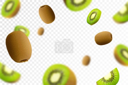 Illustration for Kiwi background. Flying whole and half of kiwi fruit with defocused blurry effect. Can be used for wallpaper, banner, poster, print, fabric, wrapping paper. 3d realistic vector design - Royalty Free Image
