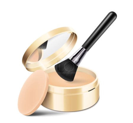 Illustration for Compact powder with brush and sponge. Round gold case with mirror. Cushion face foundation case. 3d vector realistic cosmetics isolated on white background. Mockup for branding and ads. - Royalty Free Image