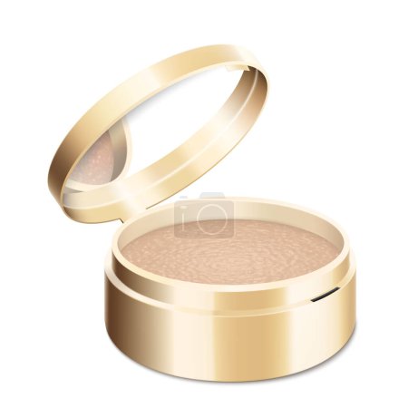 Ilustración de Compact powder in round gold case with mirror. Cushion face foundation case. 3d vector realistic cosmetics isolated on white background. Mockup for branding and ads. Side view on opened plastic box. - Imagen libre de derechos