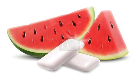 Ilustración de Chewing gum Watermelon flavor. Chewing pads with fresh watermelon friut isolated on white background. Product placement detailed label design. Realistic 3d vector illustration. - Imagen libre de derechos
